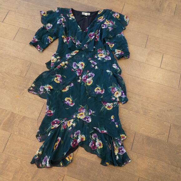 VTG Holly Harp Ruffled Tiered Floral Midi Layered Dress Green Womens Size Small‎ - Picture 2 of 7